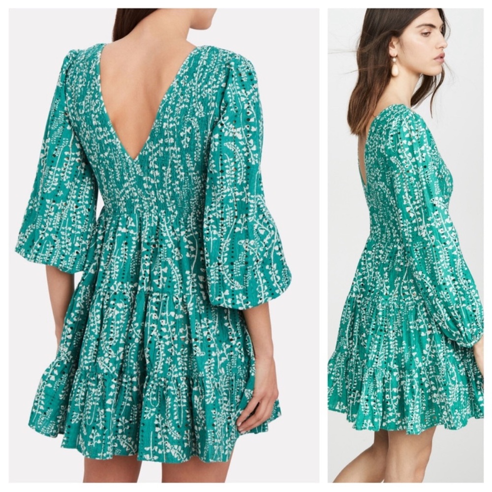 Rixo Sasha Teal Eyelet Mini Dress Small Puff Sleeve Resort Wear Coquette Beach - Picture 11 of 11